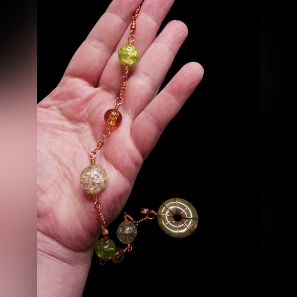 Artisan Copper Wire Wrap Suncatcher with Stone Donut Focal & Crackle Glass Beads - Picture 5 of 5